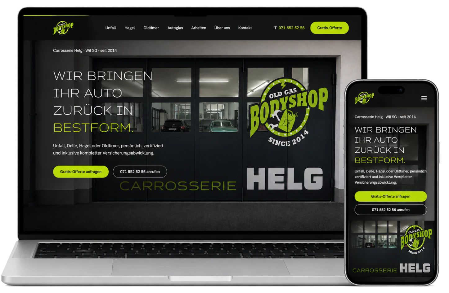 Website Carrosserie Helg auf MacBook und iPhone