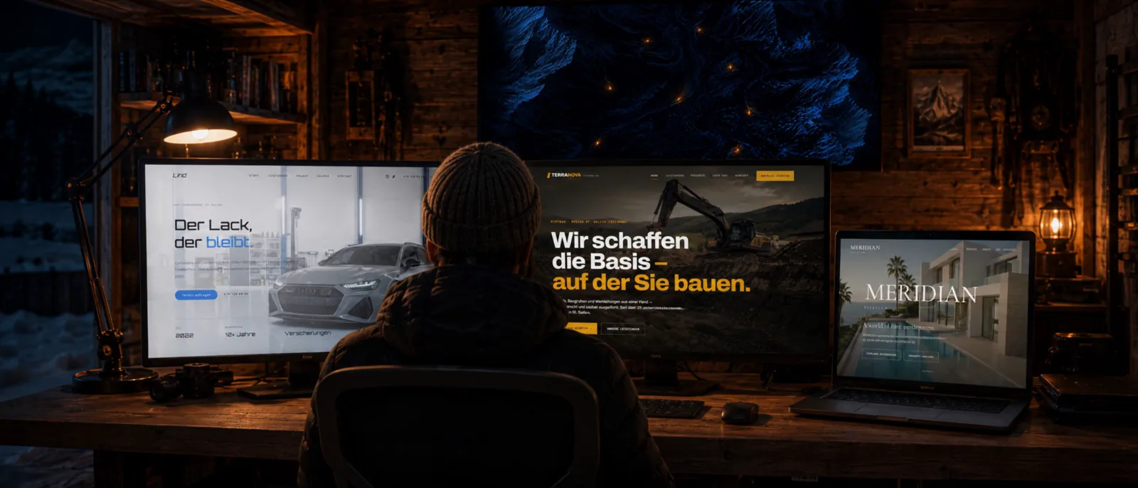 Die Werkstatt: mehrere Bildschirme mit Lokalspot-Projekten