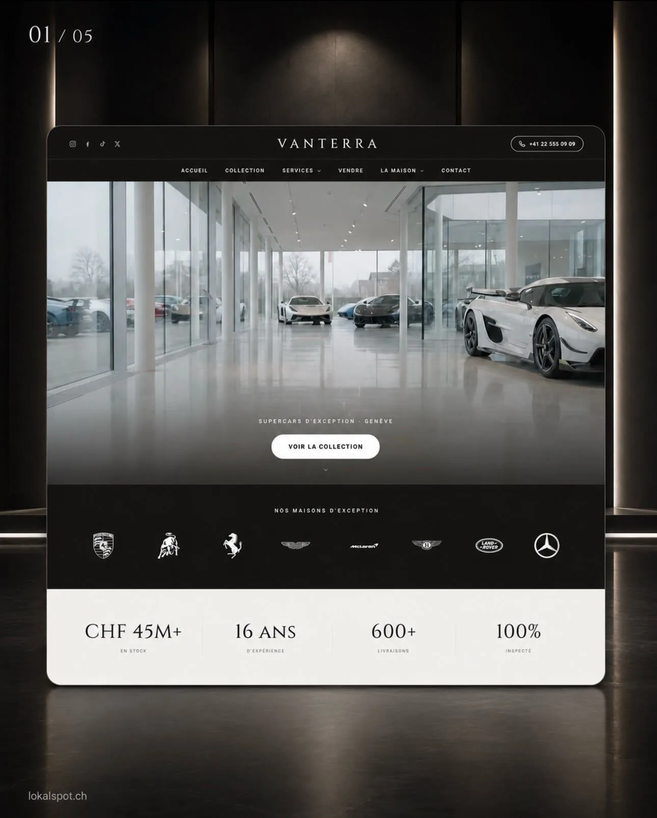 Instagram-Post von Lokalspot: Screen der VANTERRA-Demo, heller Showroom mit Sportwagen und Markenleiste