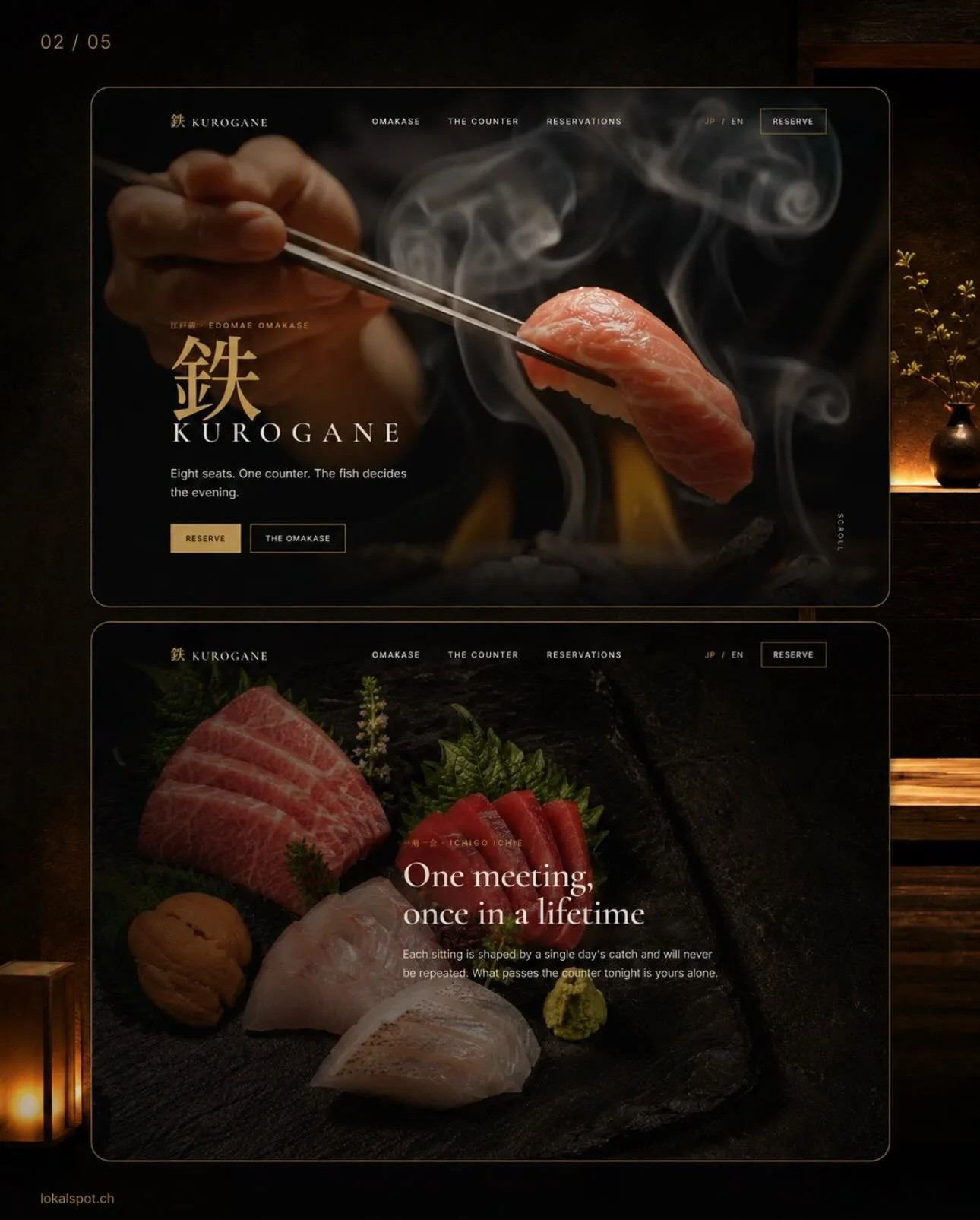 Instagram-Post von Lokalspot: zwei Screens der KUROGANE-Demo, Sushi-Aufnahmen auf dunklem Grund