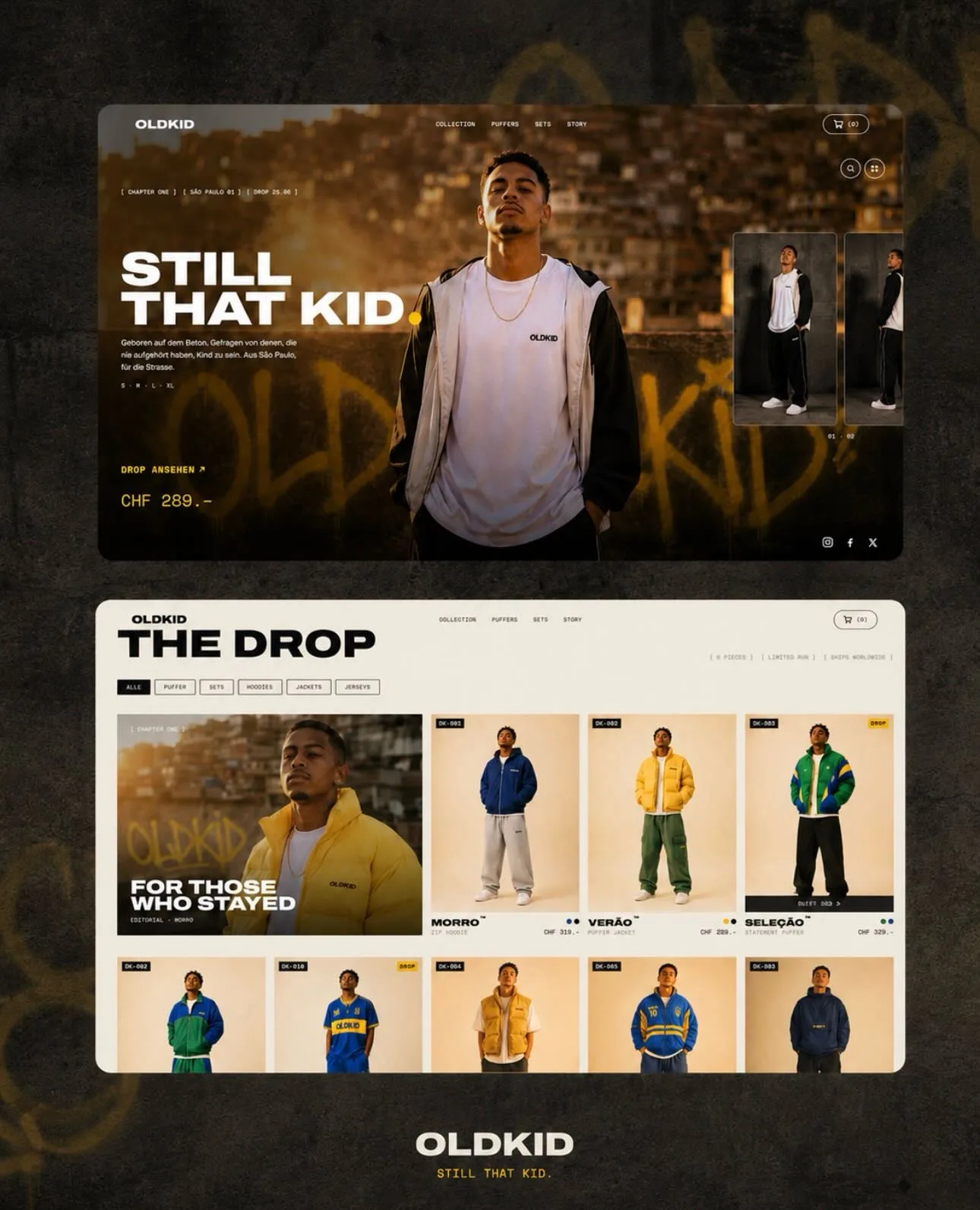 Instagram-Post von Lokalspot: zwei Screens der OLDKID-Demo, Hero «Still that kid» und das Produktraster «The Drop»