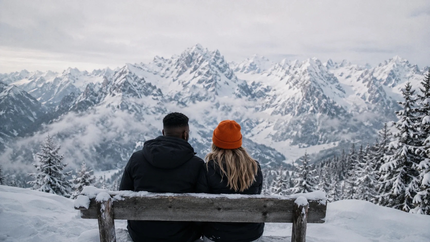 Zwei Personen auf einer Holzbank vor verschneitem Alpenpanorama