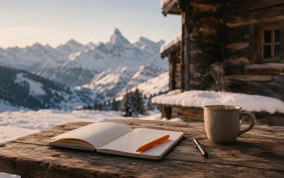 Notizbuch und Kaffee vor verschneiter Berghütte